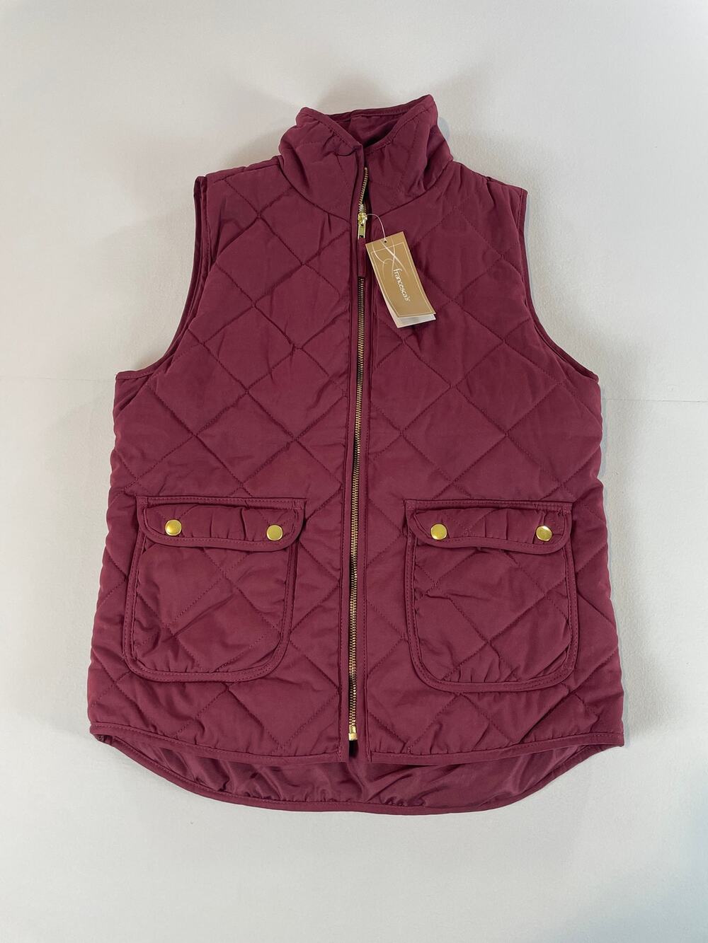 Blue Rain Vest Size S Burgundy Quilted Puffer Gold Hardware High Low Hem NWT